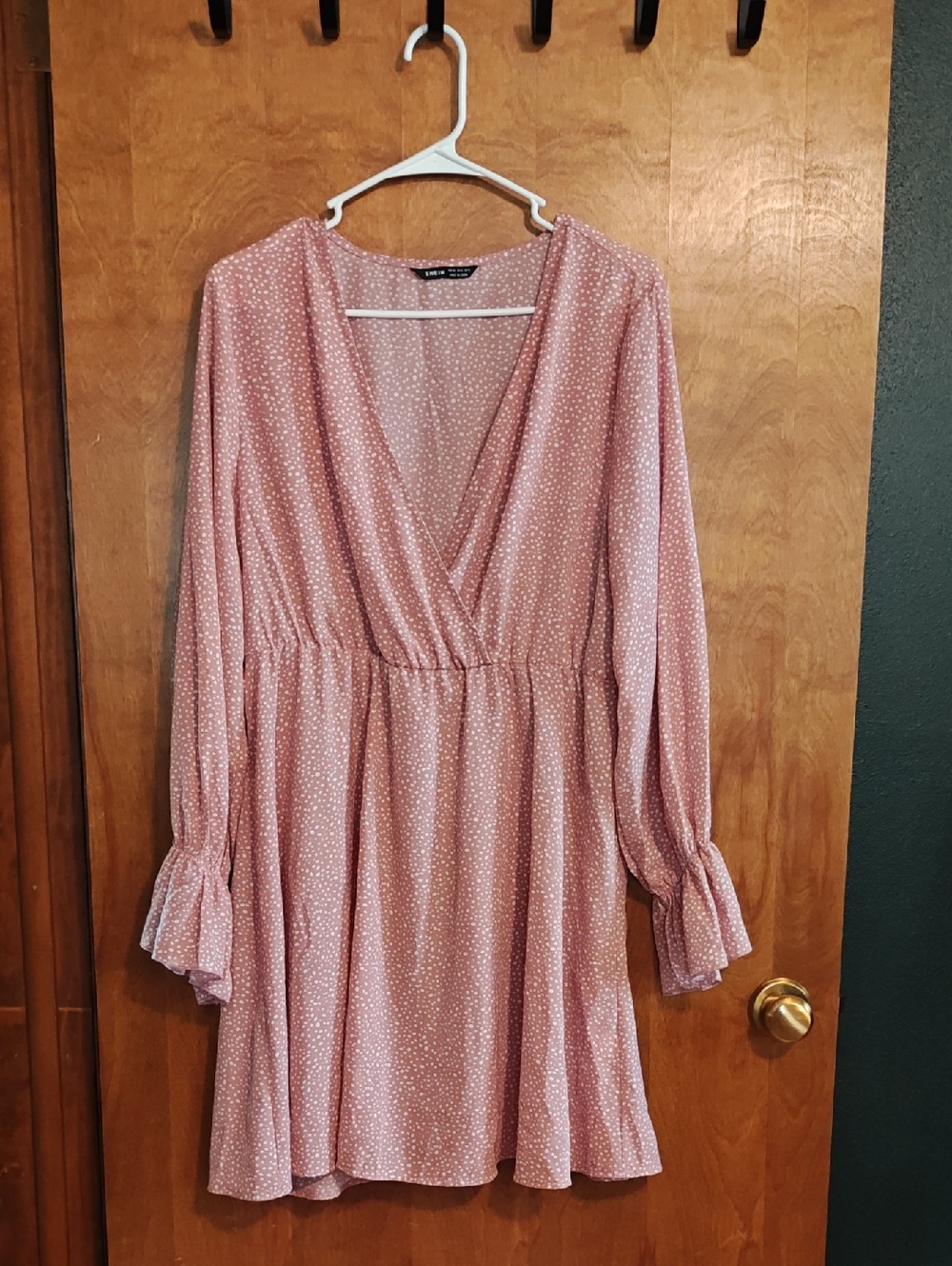 SHEIN Pink Dotted Long Flounce Sleeve Swing Dress